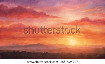 A painting of a sunset with a mountain range in the background. The sky is filled with clouds and the sun is setting. The painting has a warm and peaceful feeling to it