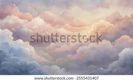 A painting of a cloudy sky with a sun peeking through the clouds. The sky is filled with fluffy white clouds and the sun is shining brightly, creating a warm and peaceful atmosphere