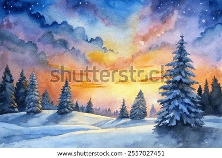 A painting of a snowy landscape with a sunset in the background. The trees are bare and the sky is filled with clouds. The mood of the painting is serene and peaceful