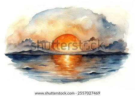 A painting of a sunset with a large orange sun in the sky. The sky is filled with clouds and the water is calm. The painting evokes a sense of peace and tranquility