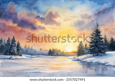 A painting of a snowy landscape with a tree in the foreground and a sunset in the background. The sky is filled with clouds and the sun is setting, creating a serene and peaceful atmosphere