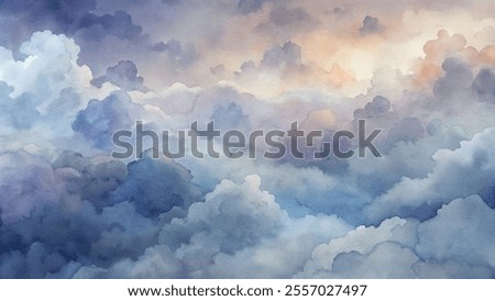 The sky is filled with clouds, creating a sense of calm and serenity. The colors are muted and soft, giving the impression of a peaceful, tranquil scene