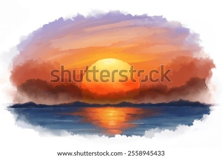 A painting of a sunset with a large orange sun in the center. The sky is filled with clouds and the water is calm. The mood of the painting is peaceful and serene