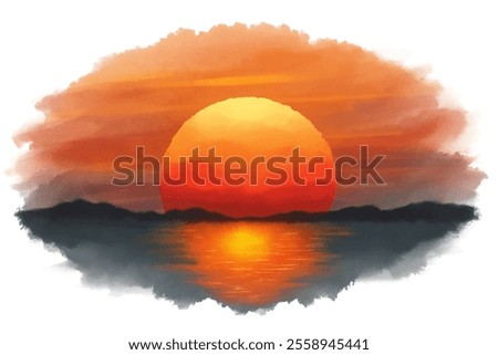 A painting of a sunset with a large orange sun in the center. The sky is filled with orange and pink hues, and the water is calm. The painting evokes a sense of peace and tranquility