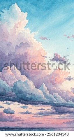 A painting of a cloudy sky with a pink and purple hue. The sky is filled with clouds, and the sun is shining through them, creating a beautiful and serene atmosphere