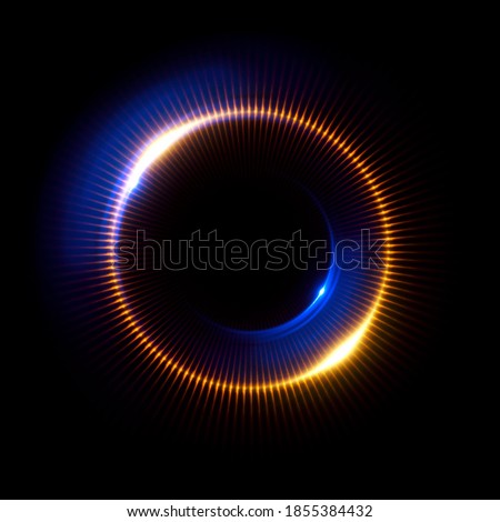 Vivid abstract background. Beautiful design of rotation frame.  Mystical portal. Bright sphere lens. Rotating lines. Glow ring. Magic neon ball. Led blurred swirl. Spiral glint lines. HUD 