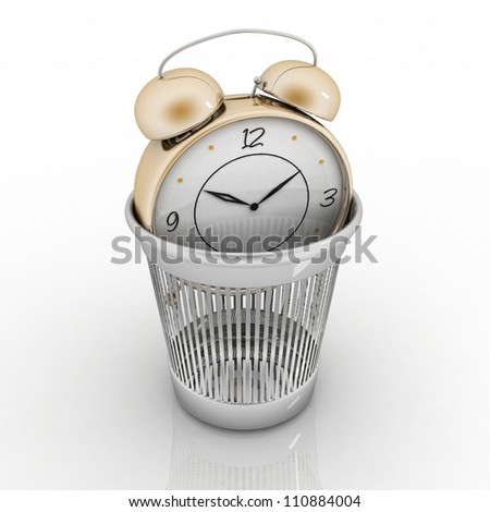 alarm clock in metal trash bin isolated on white. Concept of vain pastime. Сток-фото © 