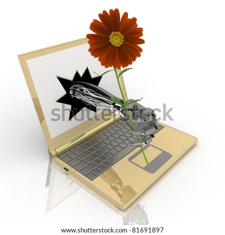 Robotic arm brings a flower from the laptop