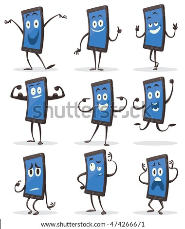 Vector set of cartoon images of black smartphones with blue screens with arms and legs with a variety of emotions and actions on a white background. Positive character. Vector illustration.