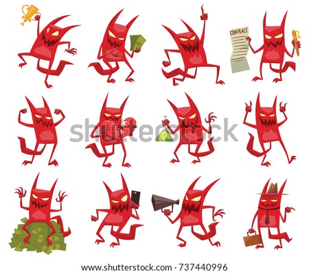 Vector set of twelve cartoon images of funny red devils with horns and tails with different actions and emotions on white background. Demon, positive character,business, halloween. Vector illustration