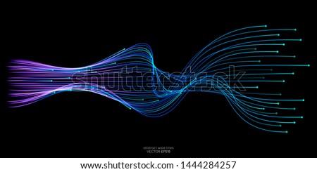 Vector wave lines flowing dynamic in blue green colors isolated on black background for concept of AI technology, digital, communication, science, music