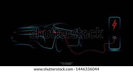 Electric car with charging stations by sketch line rear view blue and red colors isolated on black background. Vector illustration.