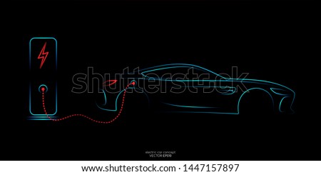 Electric car with charging stations by sketch line rear view blue and red colors isolated on black background. Vector illustration.