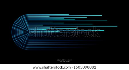 Vector half circles lines flowing dynamic pattern in blue green colors isolated on black background for concept of AI technology, digital, communication, science, music