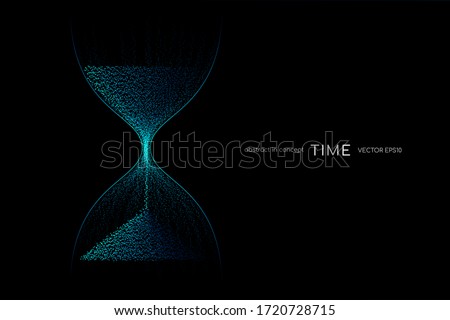 Hourglass from blue green light particles flowing isolated on black background. Vector illustration in concept time, technology, modern