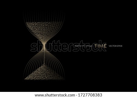 Hourglass from gold light particles flowing isolated on black background. Vector illustration in concept time, modern, luxury