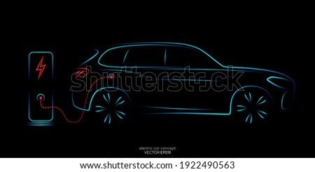 Electric SUV car with charging station by sketch line side view blue and red colors isolated on black background. Vector illustration.