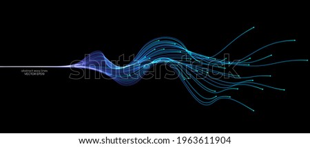 Vector abstract wavy light lines neural network purple blue and green isolated on black background in concept of technology, machine learning, A.I., 5G