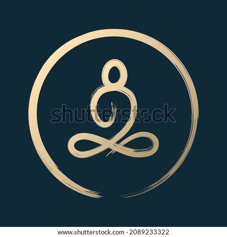 Buddha sitting zen gold brush stroke painting in circle isolated on dark blue background for vector design element or logo in buddhism, meditation concept