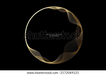 Vector abstract circles lines wavy in round frame gold light isolated on black background with empty space for text in luxury style.