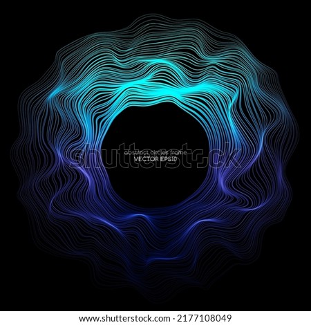 Abstract 3D sphere flowing light lines wave blue green gradient isolated on black background. Vector in concept of AI technology, science, music, modern.
