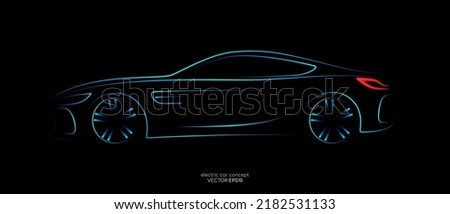 Modern sport car sketch line silhouette blue and green light isolated on black background in side view. Vector illustration in concept technology electric car, self drive car