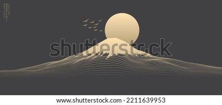 Vector abstract art Mount Fuji Japan landmark, landscape mountain with birds and sunrise sunset by gold line art texture isolated on dark grey black color background. Minimal luxury style.