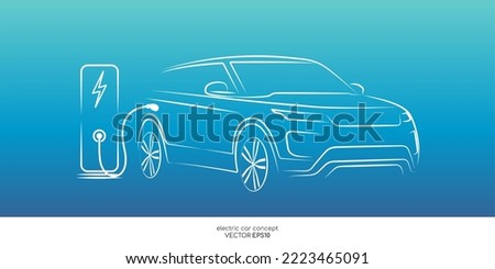 Electric crossover SUV car with charging station by drawing sketch line white isolated on colorful blue green gradient background. Vector illustration.