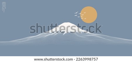 Vector abstract art Mount Fuji Japan landmark, landscape mountain with birds and sunrise sunset by white line art texture isolated on pastel earth tone blue colors background. Minimal style.