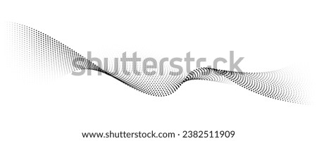 Flowing dots particles wave pattern halftone gradient curve shape isolated on white background. Vector in concept of technology, science, music, modern.