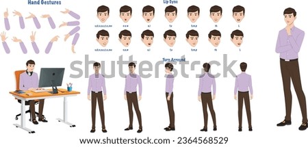 Set of man character design. Character Model sheet. Front, side, back view animated character. Man character creation set with various views, poses and gestures. Cartoon style, flat vector isolated