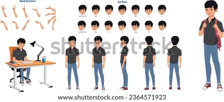 Set of school boy character design. Character Model sheet. Front, side, back view animated character. Student character creation set with various views, poses and gestures. Cartoon style, flat vector 