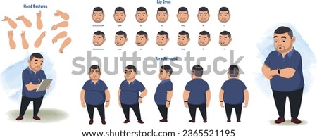Set of male trainer design. Character Model sheet. Front, side, back view animated character. Pt teacher character creation set with various views, poses and gestures. Cartoon style, flat vector isola