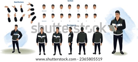 Set of male trainer design. Character Model sheet. Front, side, back view animated character. Pt teacher character creation set with various views, poses and gestures. Cartoon style, flat vector isola