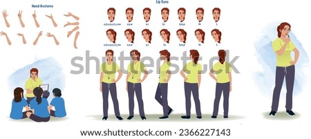 Set of female trainer design. Character Model sheet. Front, side, back view animated character. Coach character creation set with various views, poses and gestures. Cartoon style, flat vector isolated