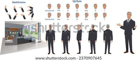 Set of male principal design. Character Model sheet. Front, side, back view animated character. Principal character creation set with various views, poses and gestures. Cartoon style, flat vector isol