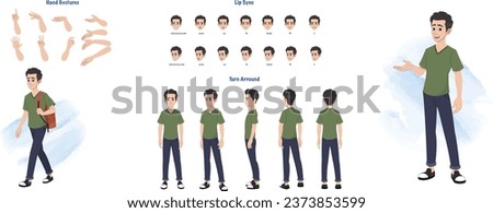 Set of Indian student design. Character Model sheet. Front, side, back view animated character. School boy character creation set with various views, poses and gestures. Cartoon style, flat vector iso