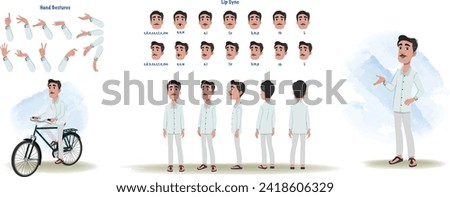Set of Indian man character design. Character Model sheet. Front, side, back view animated character. Indian Boy character creation set with various views, poses and gestures. Cartoon style, 