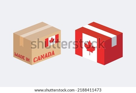 box with Canada flag icon set, cardboard delivery package made in Canada