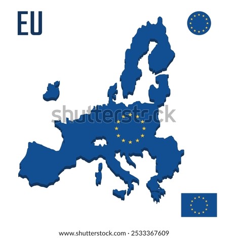 3D European Union map with flag, Three dimensional map of EU with shadow