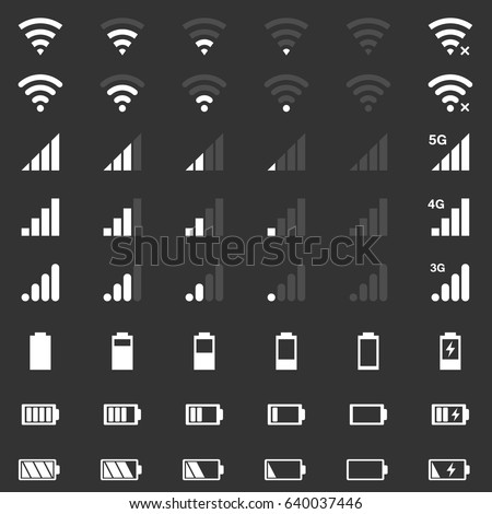 wi-fi signal icons, battery energy charge, mobile signal level set