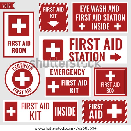 First aid label and sign set, vector illustration