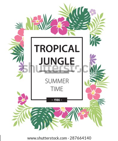 Summer, Tropical print slogan. exotic flowers and palm leaves print. Summer t shirt with tropical flowers and palm leaves