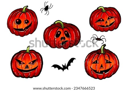 A collection of pumpkins with different facial expressions for Halloween.Spiders and a bat. Jack o'lantern with pumpkin head clearart in spooky holiday. Hand isolated art.