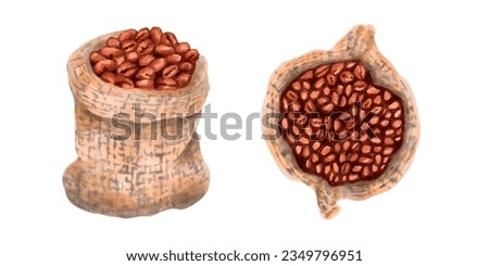 Coffee beans in a woven canvas bag. Top and front view. Arabica coffee. Cappuccino, mocha, espresso, latte, chocolate ingredient. International coffee day.Hand drawn marker art.