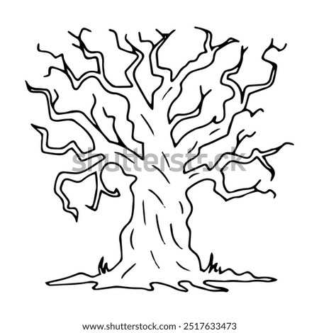 Silhouette of gnarled dry tree with curved branches. Black outline illustration for Halloween. Hand drawn isolated graphic clipart. Line sketch with twisted trunk for creepy decor. Doodle style.