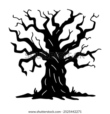 Silhouette of a gnarled tree with curved branches. Black outline illustration for Halloween. Hand drawn graphic clipart. Line sketch with a twisted trunk for a creepy decor. Simple Doodle style.