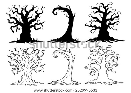 Set of tree silhouettes. Black outline illustration of a crooked, gnarled plant for Halloween. Hand drawn graphic clip art. Simple Doodle style. Nature element for decor and party invitation design.