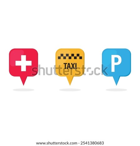 Hospital, Taxi, Park Sign Set Vector Design.