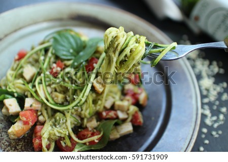 Similar – Image, Stock Photo Zucchini raw vegan pasta with assorted vegetables. Vegan food